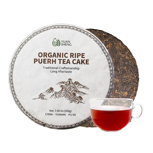 YUANSHENG Organic Ripe Pu-erh tea Cake, 7.06 Oz USDA Certified Aged Fermented Pu Erh Tea Cake, Woody Aroma, Chinese Yunnan Ancient Tree Puerh Tea Black Tea for Daily Drink and Gift,