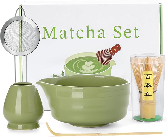 Matcha Whisk Set - 5PCS Matcha Set Includes 17OZ Chawan with Spout, Bamboo Chasen Whisk with Ceramic Holder, Mat cha Scoop and Stainless Sifter