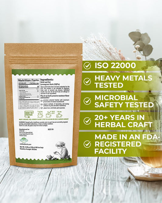 100 Bags Dried Lemongrass Tea Lemon Grass Leaf Herbal Tea Zacate De Limon (Cymbopogon) - 100 Count 1.5g Bags Lemongrass Chai Herb Limoncillo (Hierba Limon)