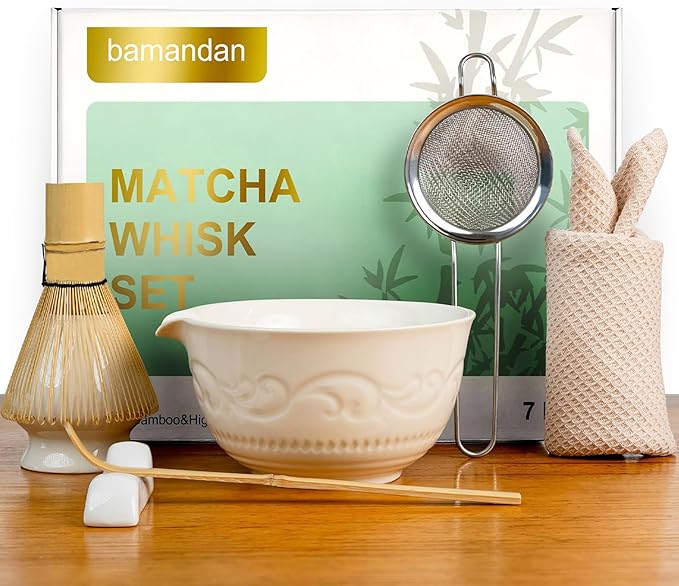 Matcha Whisk Set, Ceramic Matcha Set Kit, 7 Pcs Includes Bowl, Whisk and Holder, Bamboo Scoop, Scoop Rest, Strainer and Tea Towel （Freedom White）