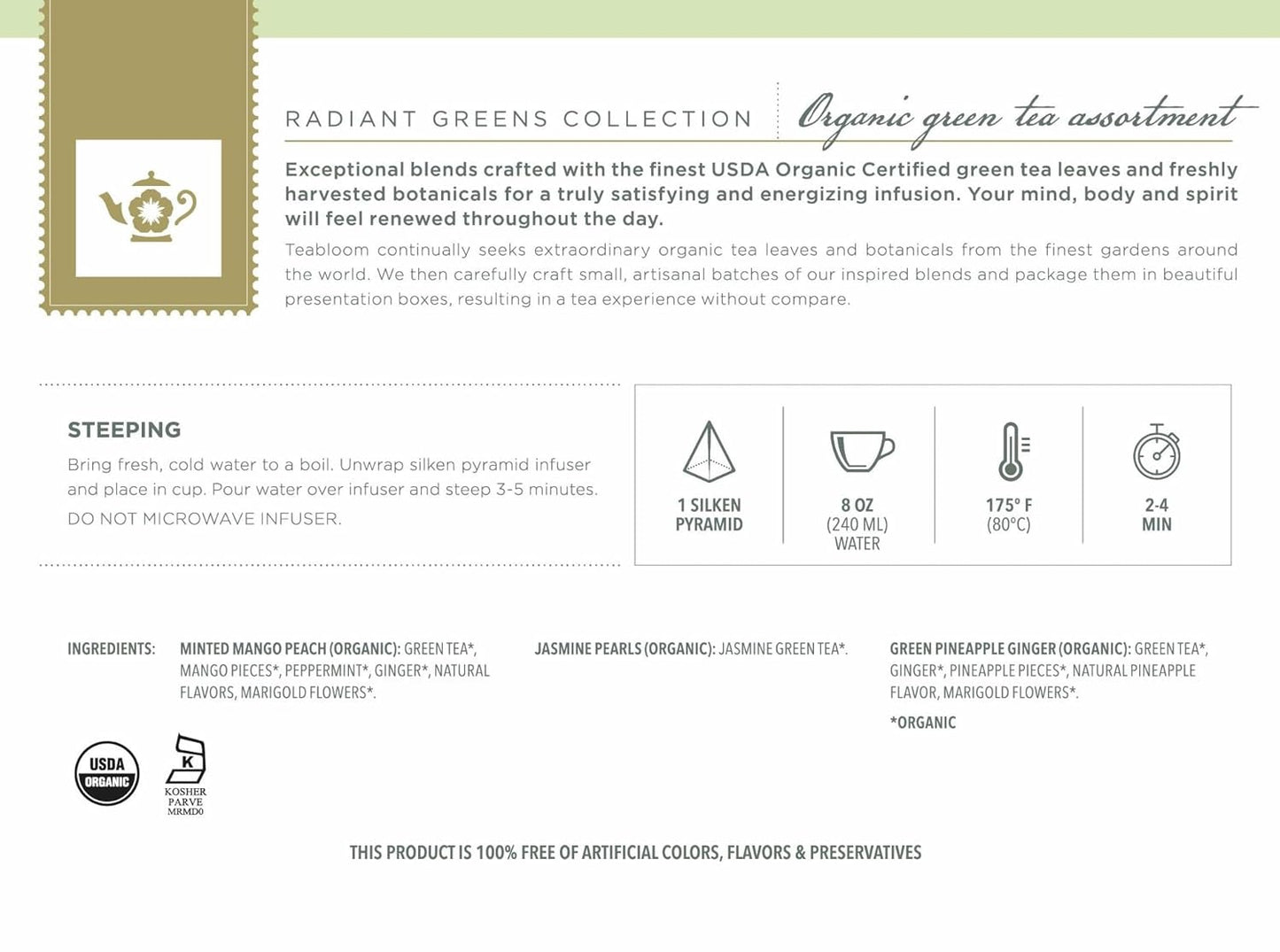 Teabloom Radiant Greens – Organic Green Tea Sampler with 12 Plant-Based Pyramid Sachets, Jasmine Pearls, Minted Mango Peach & Pineapple Ginger, Gift-Ready Presentation Box for Tea Lovers