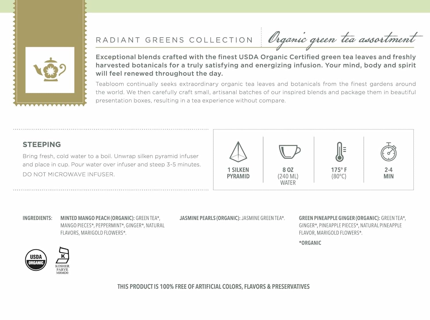 Teabloom Radiant Greens – Organic Green Tea Sampler with 12 Plant-Based Pyramid Sachets, Jasmine Pearls, Minted Mango Peach & Pineapple Ginger, Gift-Ready Presentation Box for Tea Lovers