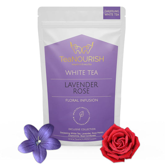 TeaNOURISH Lavender Rose White Tea | Darjeeling Silver Needles White Loose Leaf Tea Blended with Lavender, Rose Petals, Chamomile &amp; Blue Cornflower - 1.76oz/50g