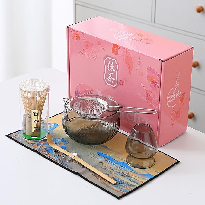 7 Pcs Matcha Whisk Set, Matcha Set Includes Matcha Bowl, Bamboo Matcha Whisk and Holder, Bamboo Scoop, Scoop Holder, matcha sifter and Tea Towel - Matcha Kit for Matcha Lovers (black)
