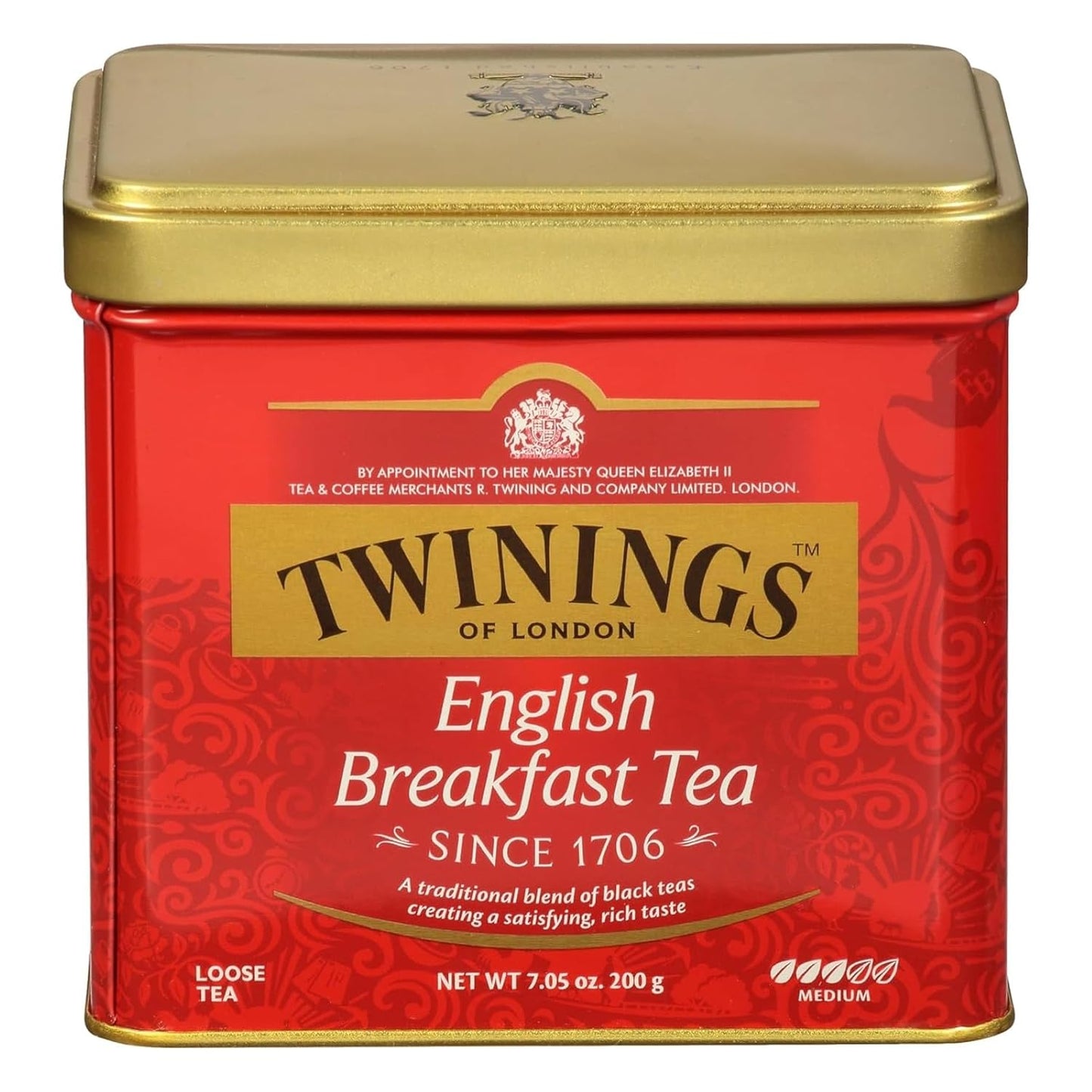 Twinings English Breakfast Loose Tea Tin, 7.05 Ounce Tin (Pack of 1) | Our Most Popular Tea, From Kenya &amp; Assam, Smooth, Full-Bodied, Naturally Caffeinated, 1-200g Reusable Tins, Enjoy Hot or Iced