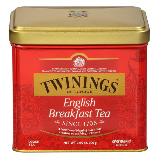 Twinings English Breakfast Loose Tea Tin, 7.05 Ounce Tin (Pack of 1) | Our Most Popular Tea, From Kenya &amp; Assam, Smooth, Full-Bodied, Naturally Caffeinated, 1-200g Reusable Tins, Enjoy Hot or Iced