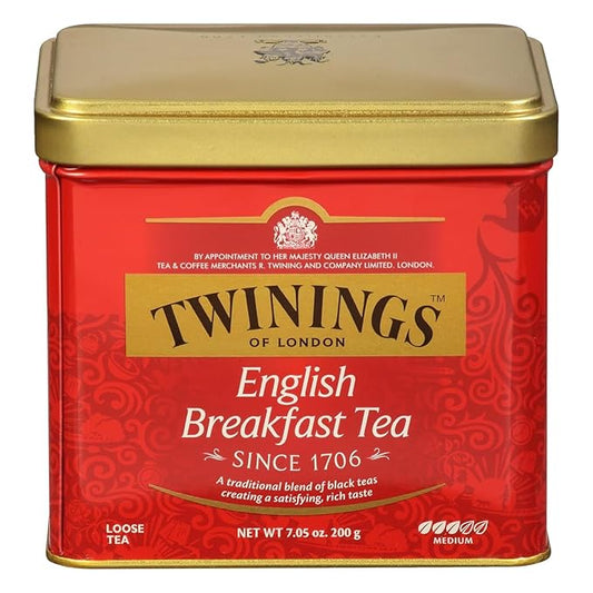 Twinings English Breakfast Loose Tea Tin, 7.05 Ounce Tin (Pack of 1), Smooth, Flavourful, Robust Black Tea Leaves, Caffeinated, Enjoy Hot or Iced