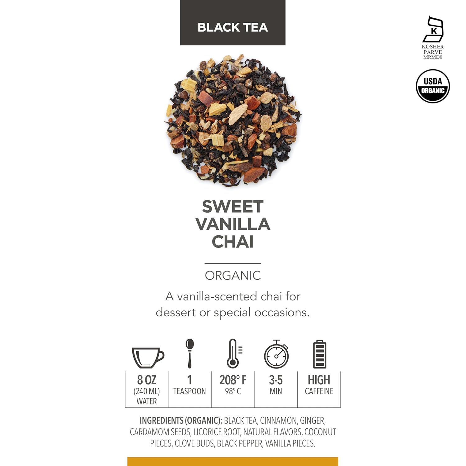 Teabloom Organic Black Tea, Sweet Vanilla Chai Loose Leaf Tea, Rich and Spicy Vanilla-Scented Blend, Exceptional USDA Organic Whole Leaf Blend, 5.29 Ounce Loose Leaf Tea Canister Makes 35-50 Cups