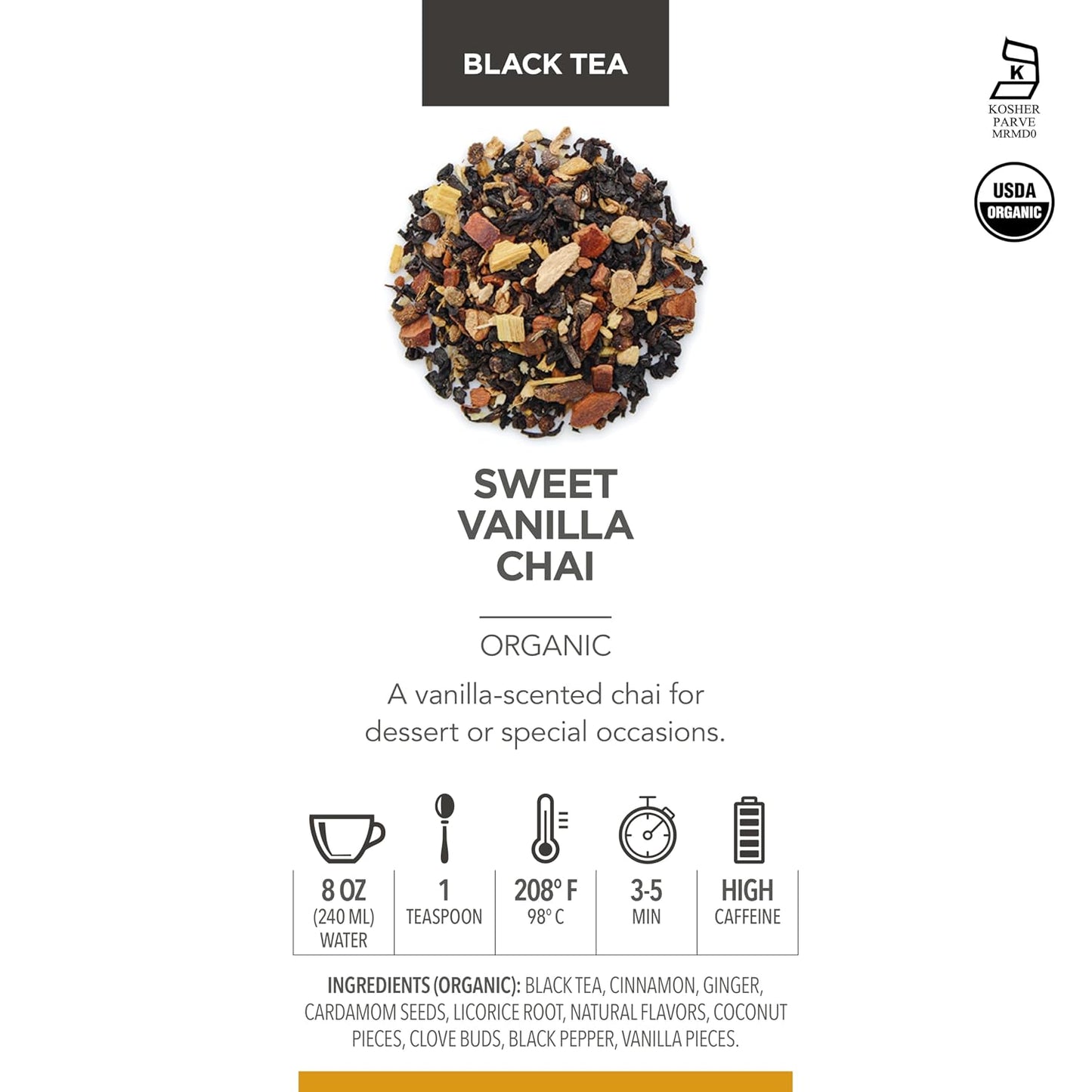 Teabloom Organic Black Tea, Sweet Vanilla Chai Loose Leaf Tea, Rich and Spicy Vanilla-Scented Blend, Exceptional USDA Organic Whole Leaf Blend, 5.29 Ounce Loose Leaf Tea Canister Makes 35-50 Cups