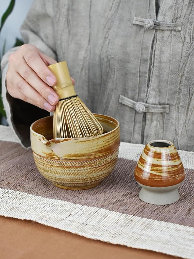 Matcha Tea Set – 4 Piece Traditional Japanese Matcha Kit with Beige & Brown Ceramic Spout Bowl, Whisk, Holder, Scoop & Guide