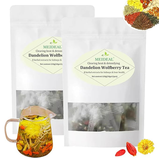 Dandelion Wolfberry Organic Kidney & Liver Health Tea, 8 Herbal Ingredients Blend, Natural Chinese Chrysanthemum Cassia Seed Tea Bags (2 Bags 24 Pcs)