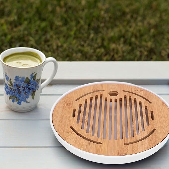 10in Round Shape Modern Stylish Chinese Kung Fu Tea Serving Tray Gongfu Tea Table with Water Storage Box for Home Office Bar