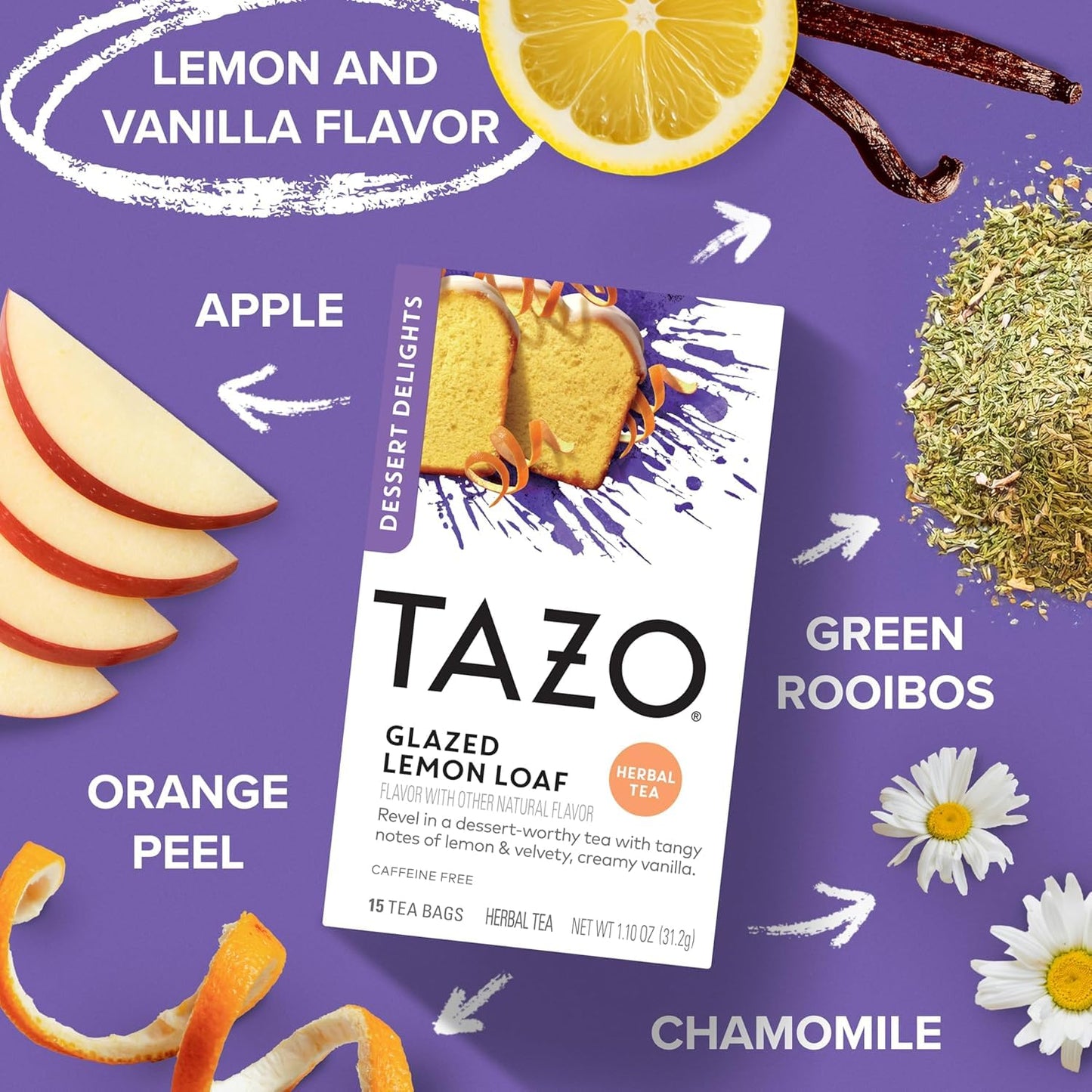 TAZO Glazed Lemon Loaf Herbal Tea Bags, Dessert Delights Collection, Caffeine-Free, Aromatic Lemon & Vanilla Blend, 45 Tea Bags Total (15 ct – Pack of 3)