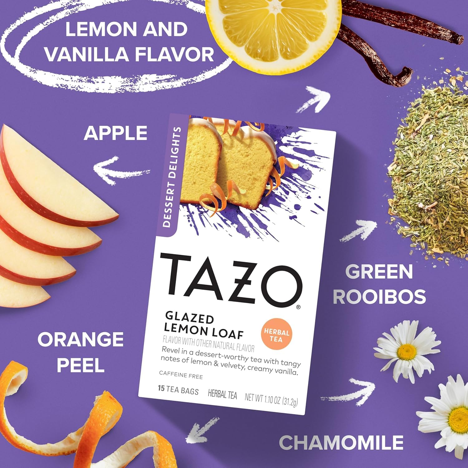 TAZO Glazed Lemon Loaf Herbal Tea Bags, Dessert Delights Collection, Caffeine-Free, Aromatic Lemon & Vanilla Blend, 45 Tea Bags Total (15 ct – Pack of 3)