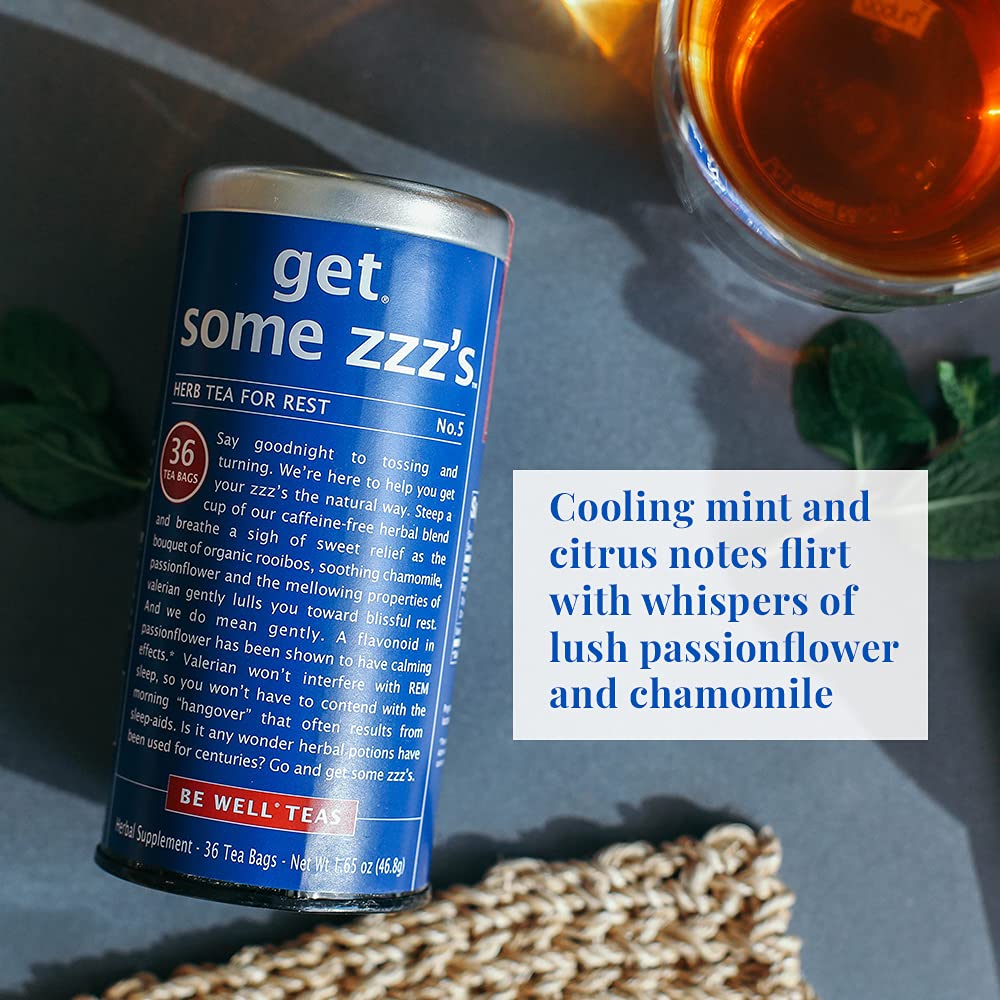 The Republic of Tea Be Well Get Some Zzz's No. 5 Herbal Tea, 36 Count | Caffeine Free. Suitable for day or evening sipping. Mellow and rounded with notes of cool mint and lively citrus.