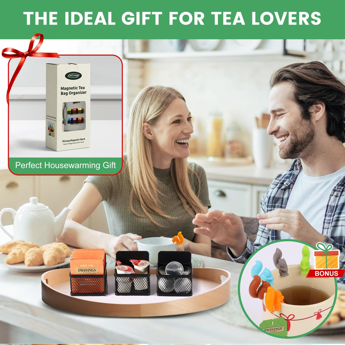 JUNLYNEST Magnetic Tea Bag Organizer - 6-Piece Metal Tea Organizer for Refrigerator, Kitchen Shelf and Counter, Stylish &
