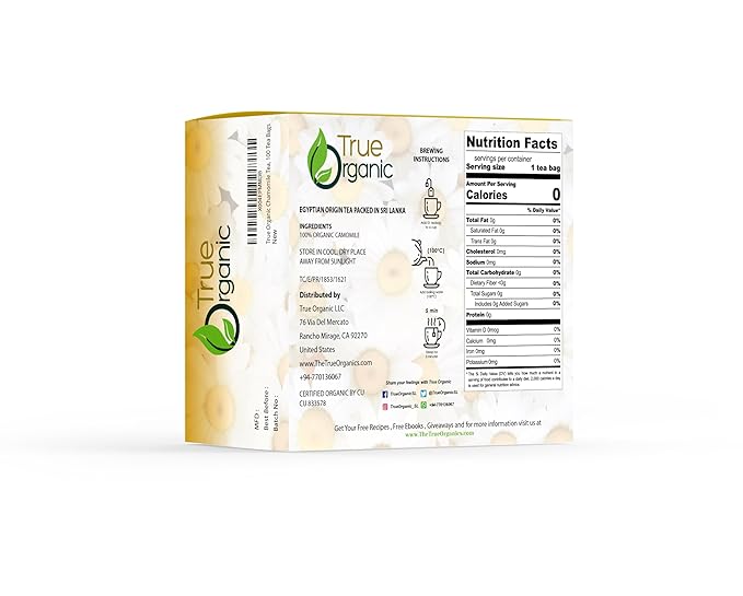 True Organic Premium Chamomile Tea, 100 Count Tea Bags, USDA Organic & Kosher Certified, 100 Envelop Organic Chamomile Tea Bags for Your Home & Cafe.