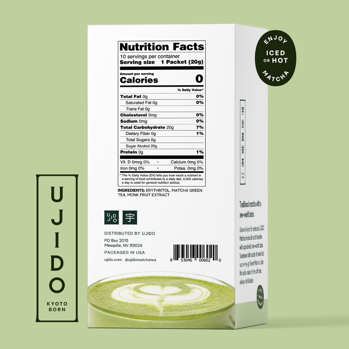 Ujido The Path of Zen Ujido Matcha Green Tea Powder - Sweetened with Japanese Monk Fruit - Sugar Free (20g x 10 packets)