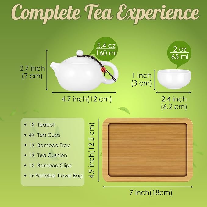 Flexzion Chinese Japanese Vintage Kungfu Gongfu Tea Set Portable Travel Teapot, White Porcelain Porcelain Ceramic Tea Pot, 4 Tea Cup, Bamboo Tea Tray