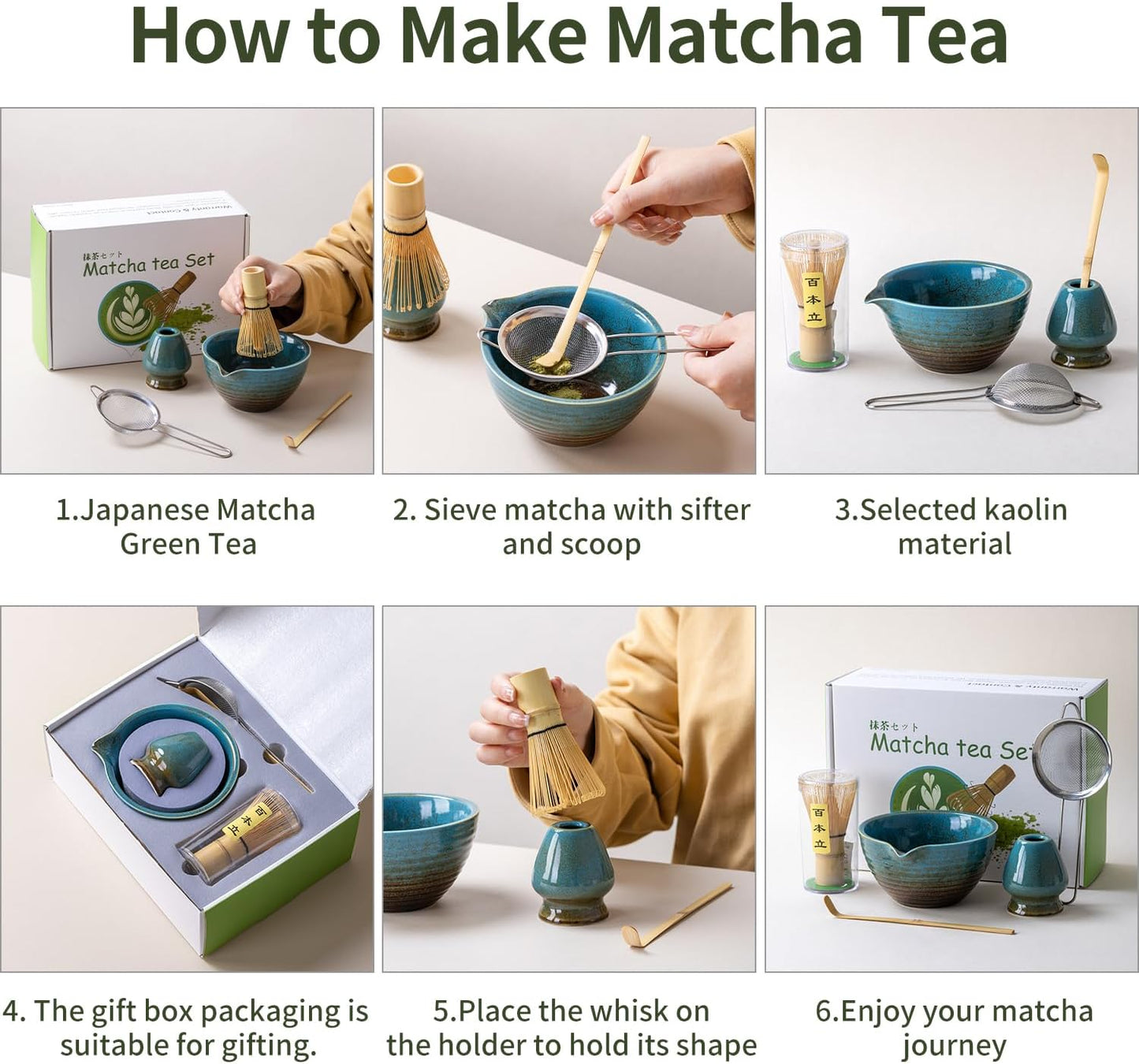 Traditional Matcha Tea Ceremony Set with Ceramic Bowl, Bamboo Whisk, Stand and Strainer, 5-Piece (blue)