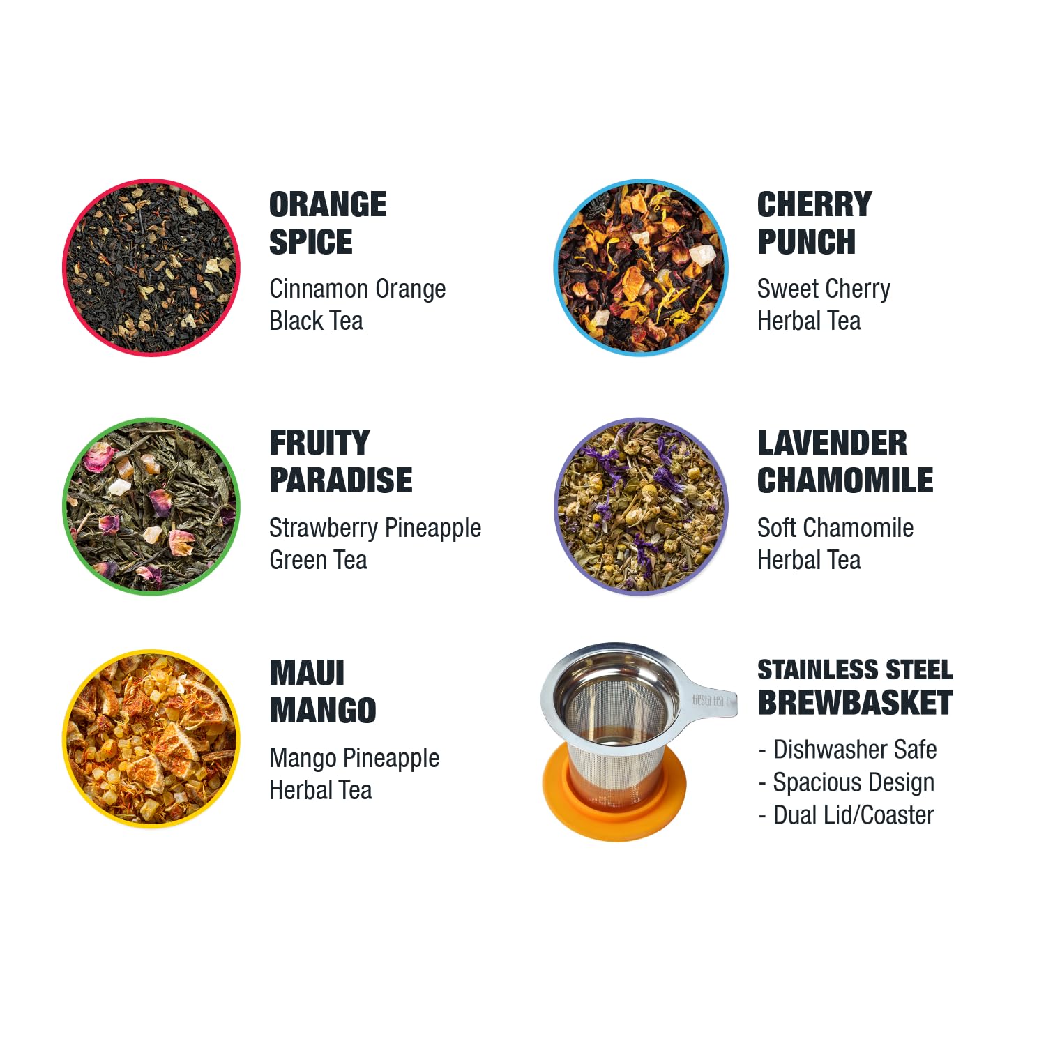 Tiesta Tea - Thank You Loose Leaf Tea Kit, Up to 50 Cups, High to No Caffeine, Hot & Iced, Tea Variety Pack with Green, Herbal, & Black, 5 Sample Pouches with Brewbasket Infuser Basket