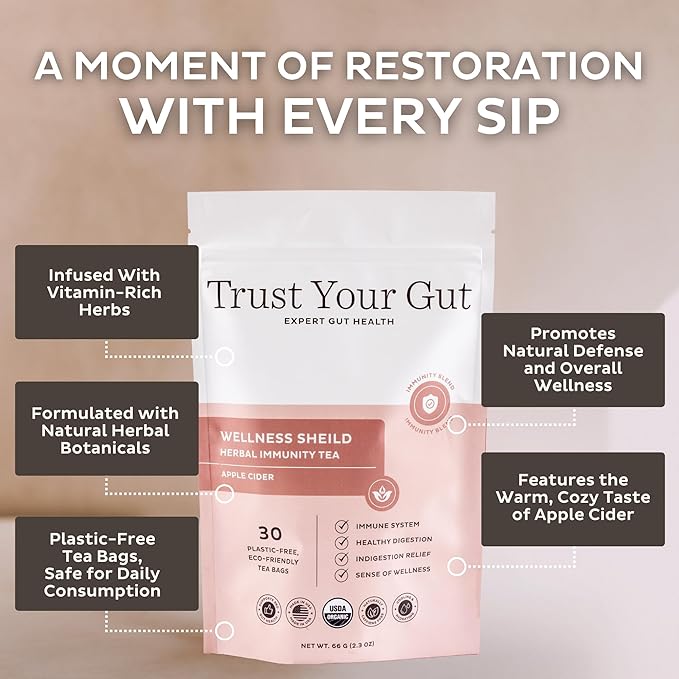 Trust Your Gut Wellness Shield Organic Herbal Tea Blend – Echinacea, Ginger & Cinnamon – Supports Immune Health and Digestive Balance, 30 Tea Bags