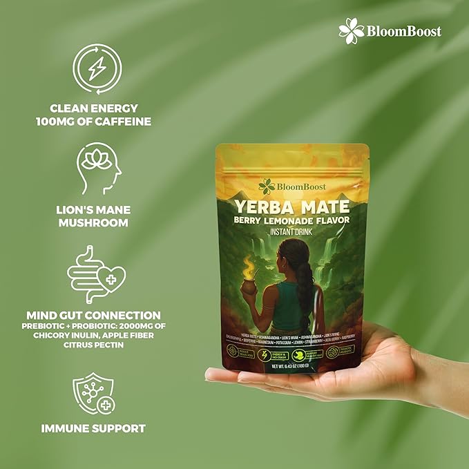 Yerba Mate Instant Tea Powder – Yerba Mate, Ashwagandha, Lion’s Mane, Chlorophyll, Berry Lemonade Flavor – 6.34 oz (18 Servings) – Sugar-Free, Gluten-Free, Superfood Energy & Focus Blend