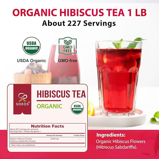 Soeos Organic Hibiscus Flower Herbal Tea, 1lb (16oz), Whole Dried Petals, Bold Tart Flavor, Caffeine-Free & Naturally Refreshing