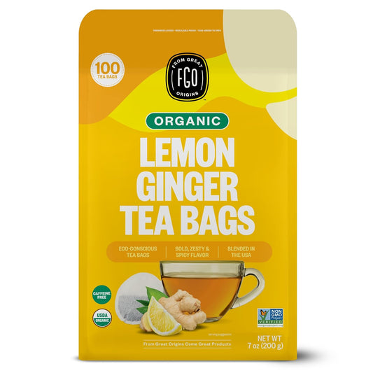 FGO Organic Lemon Ginger Tea, 100 Count, Eco-Conscious Tea Bags, Resealable Bag, Caffeine Free, Packaging May Vary (Pack of 1)