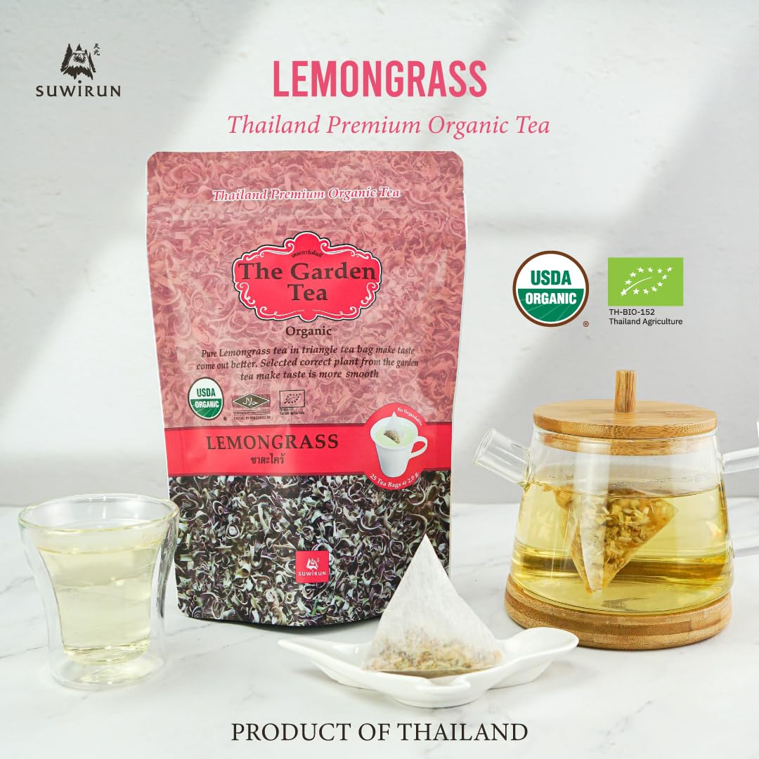 Suwirun Organic Lemongrass Tea 25 Bags – Product of Thailand – Citrusy &amp; Refreshing Herbal Tea, Caffeine-Free, No Calories, Soothes Throat &amp; Aids Digestion, Enjoy Hot or Cold