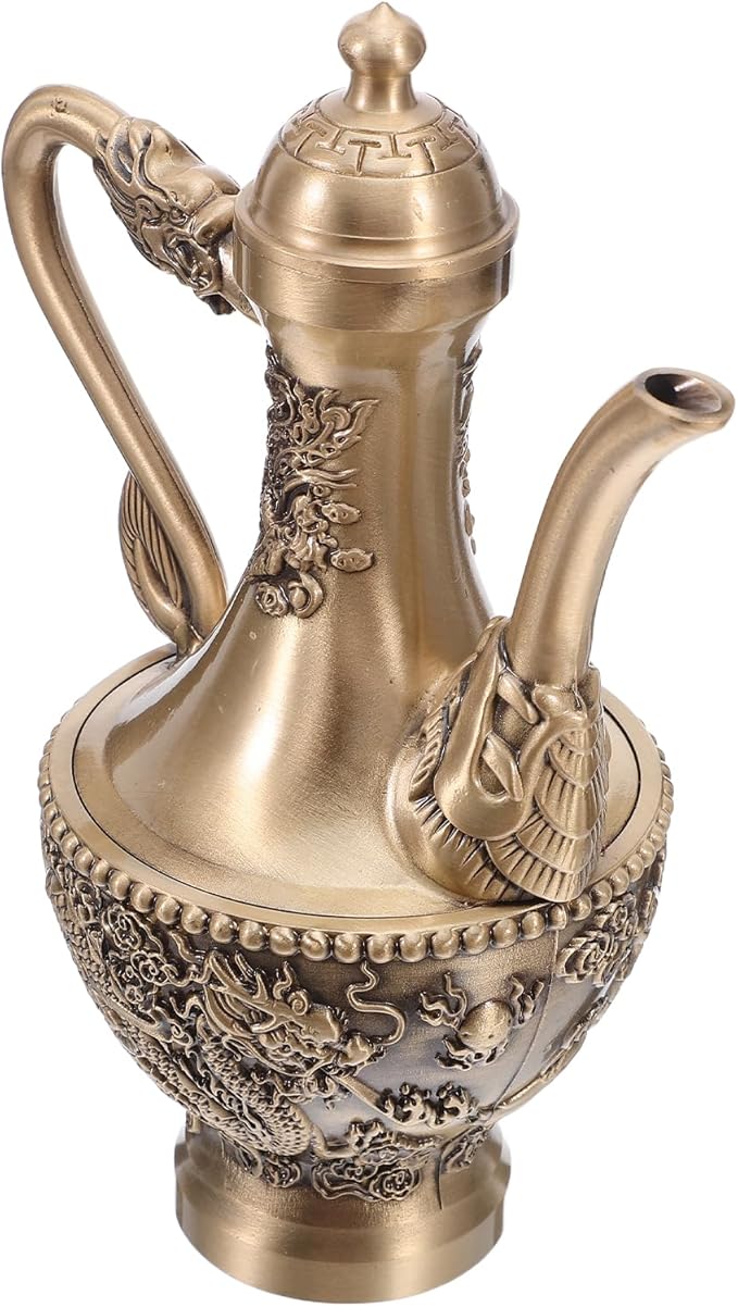Logofun Vintage Dragon Embossed Brass Tea Pot 300ml Chinese Retro Kettle for Coffee Serving Decor