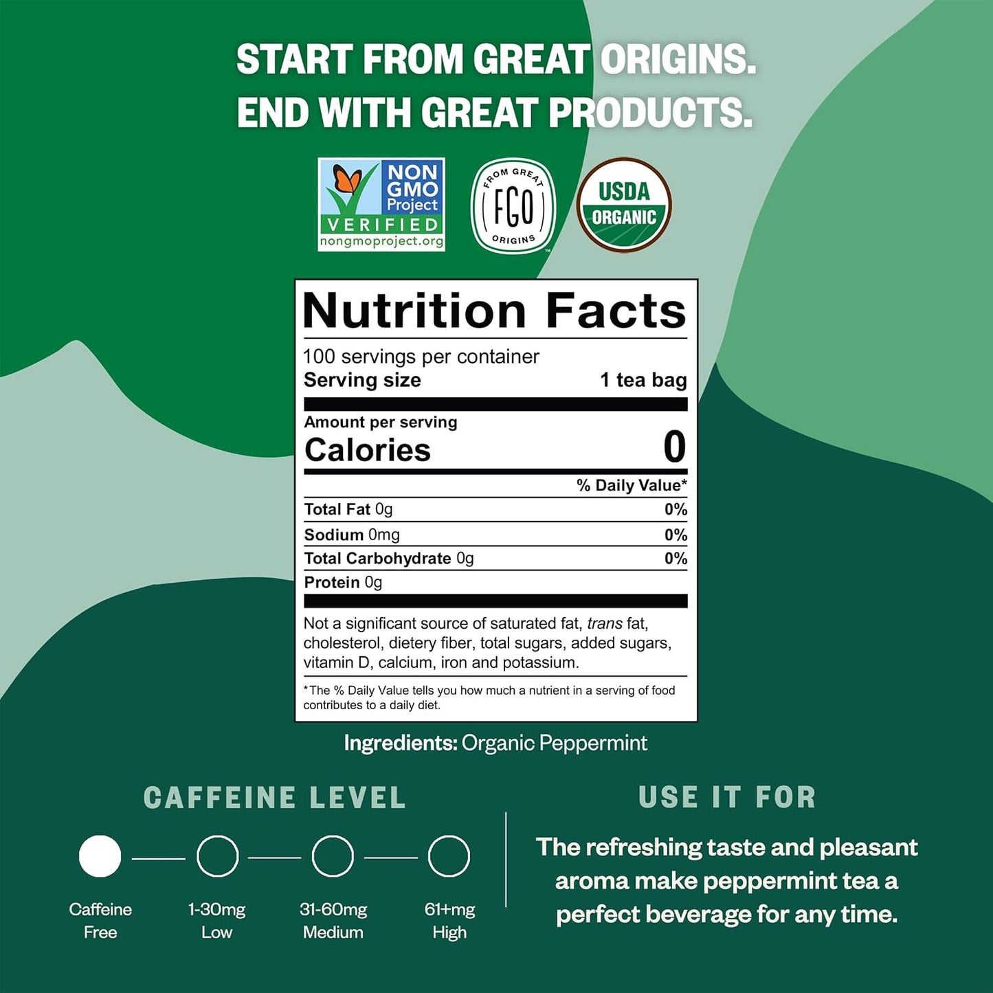 FGO Organic Peppermint Tea, 100 Count, Eco-Conscious Tea Bags, Caffeine Free, Packaging May Vary (Pack of 1)