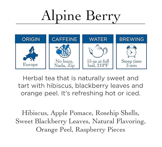 Two Leaves and a Bud Alpine Berry Herbal Tea Bags, Naturally Caffeine Free, Whole Leaf Herbal Tea in with Hibiscus in Sachets, 100 Count