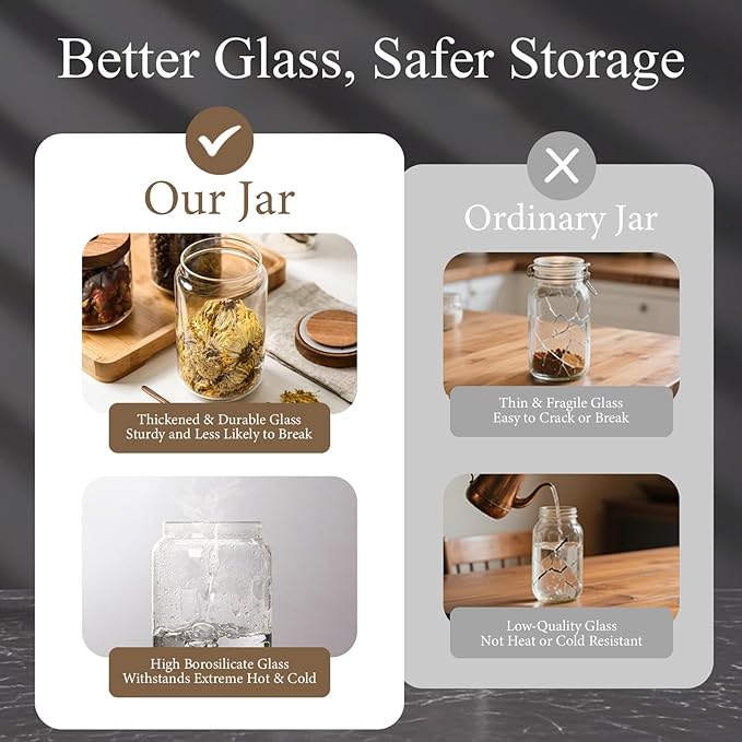 Glass Jars with Airtight Wood Lids - 25 OZ / 750 ML Kitchen Pantry Storage Containers, Decorative Canister for Chia Seed, Coffee Bean, Sugar, Spice, Cereal, Oats, Cookie, Candy, Tea, Nuts, Set of 2