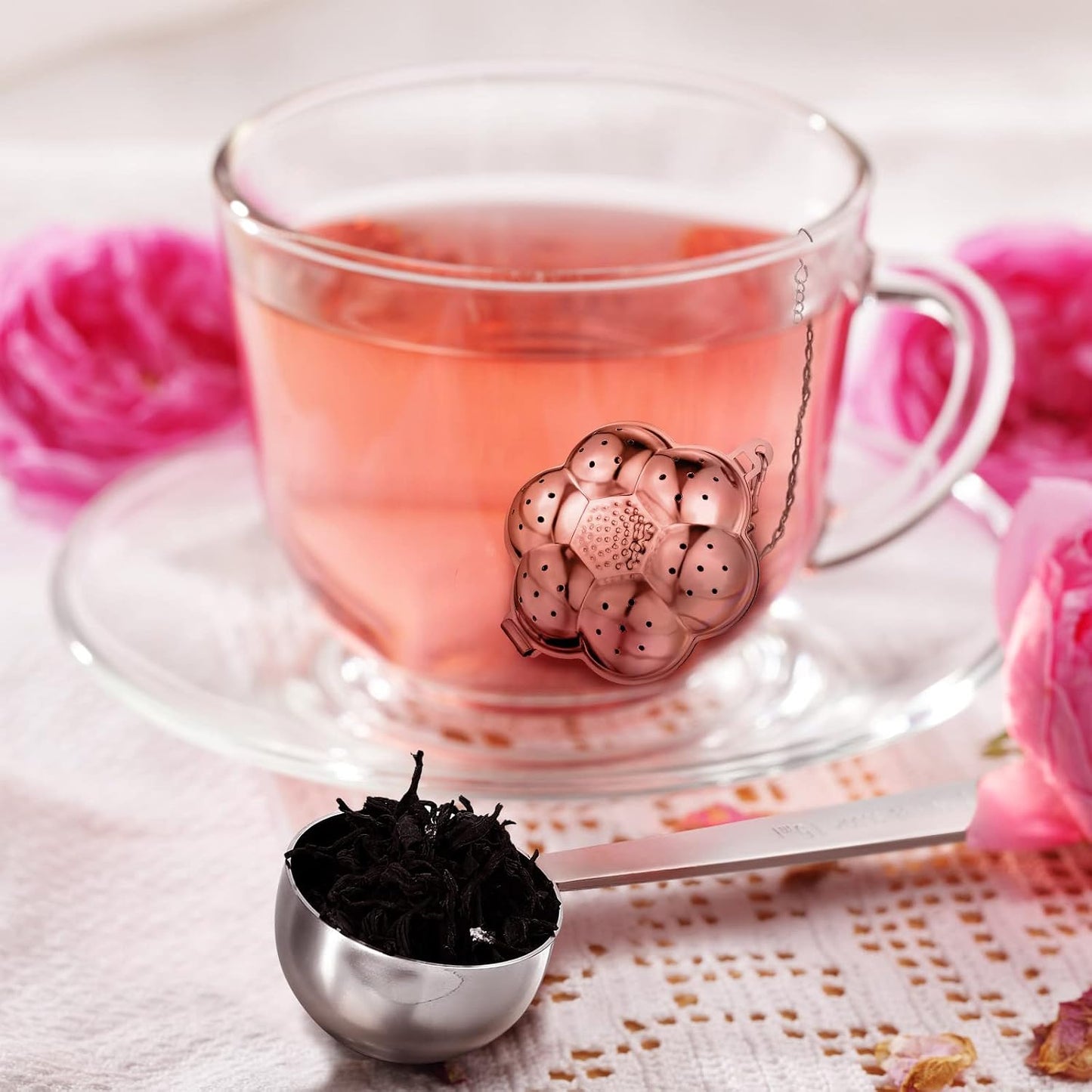Vesici 10 Set Loose Leaf Tea Infuser Set Stainless Steel Tea Ball Strainer | Loose Tea Holder Infuser Ball Teas Filter Includes Chain Hooks and 1 Drip Trays with 1 Tea Spoon for Brew Tea Leaves Mug
