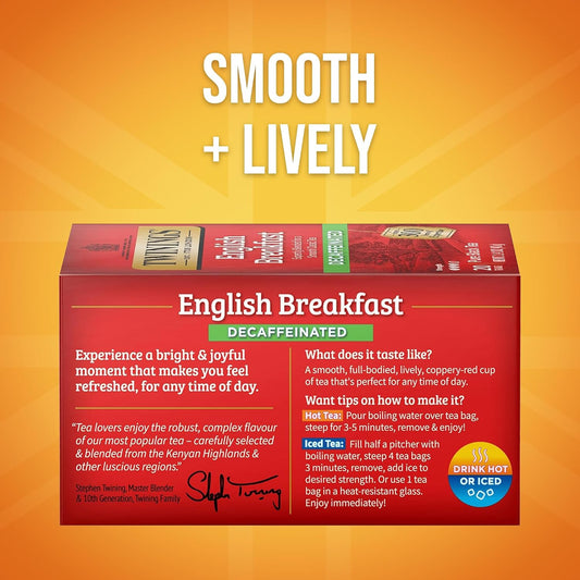 Twinings Decaffeinated English Breakfast Black Tea Bags, 20 CT Box (6 Pack) | A Classic, Robust &amp; Smooth, Full Flavour Without the Caffeine, 120 Foil Lined Individually Wrapped Bags, Enjoy Hot or Iced