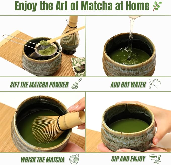 Annie & Mia Design Matcha Whisk Set (9pcs), Japanese Tea Matcha Set includes Ceramic Matcha Bowl, Bamboo Matcha Whisk (Chasen), Ceramic Whisk Holder, Bamboo Matcha Scoop (Chashaku), Blue