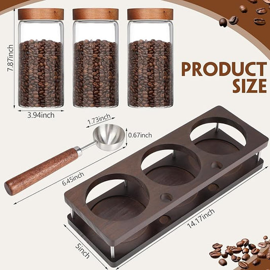 Suclain 3 Pcs Glass Coffee Grounds Container with Shelf 44 oz Glass Coffee Canisters with Airtight Lid and Measuring Spoon Kitchen Food Canister Jars