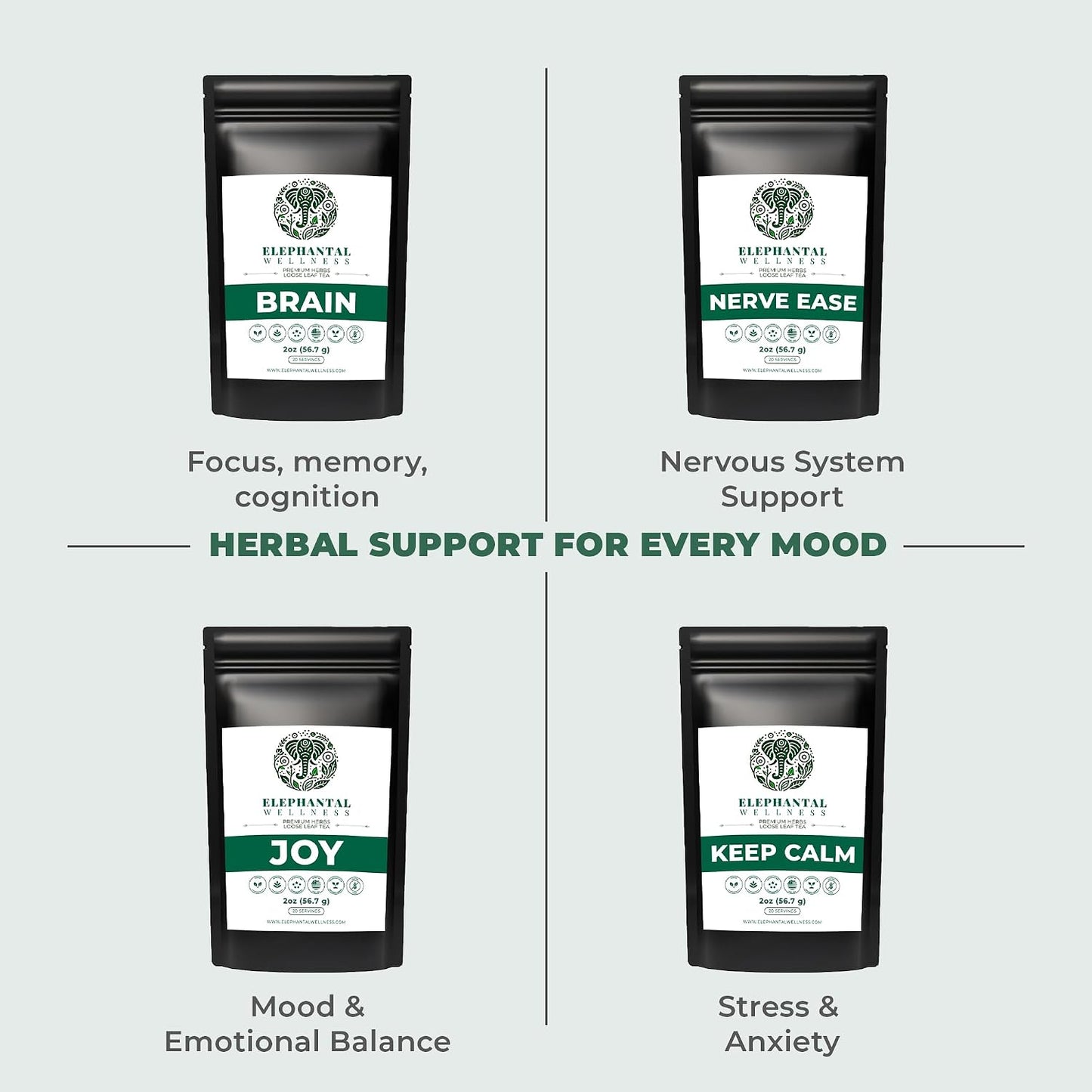 Elephantal Wellness Premium Brain Herbal Tea | Botanical Blend with Ginkgo, Bacopa, Ashwagandha &amp; Gotu Kola | Handmade, Caffeine-Free, Non-GMO Loose Leaf Herbal Tea, 4oz Loose Leaf, 40 Servings