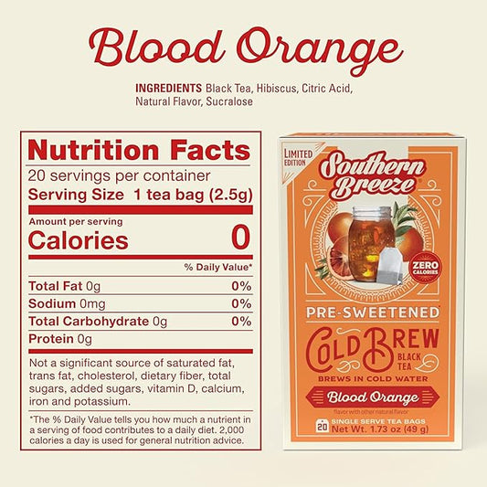 Southern Breeze Cold Brew Sweet Tea Blood Orange Iced Tea with Black Tea and Zero Carbs Zero Sugar