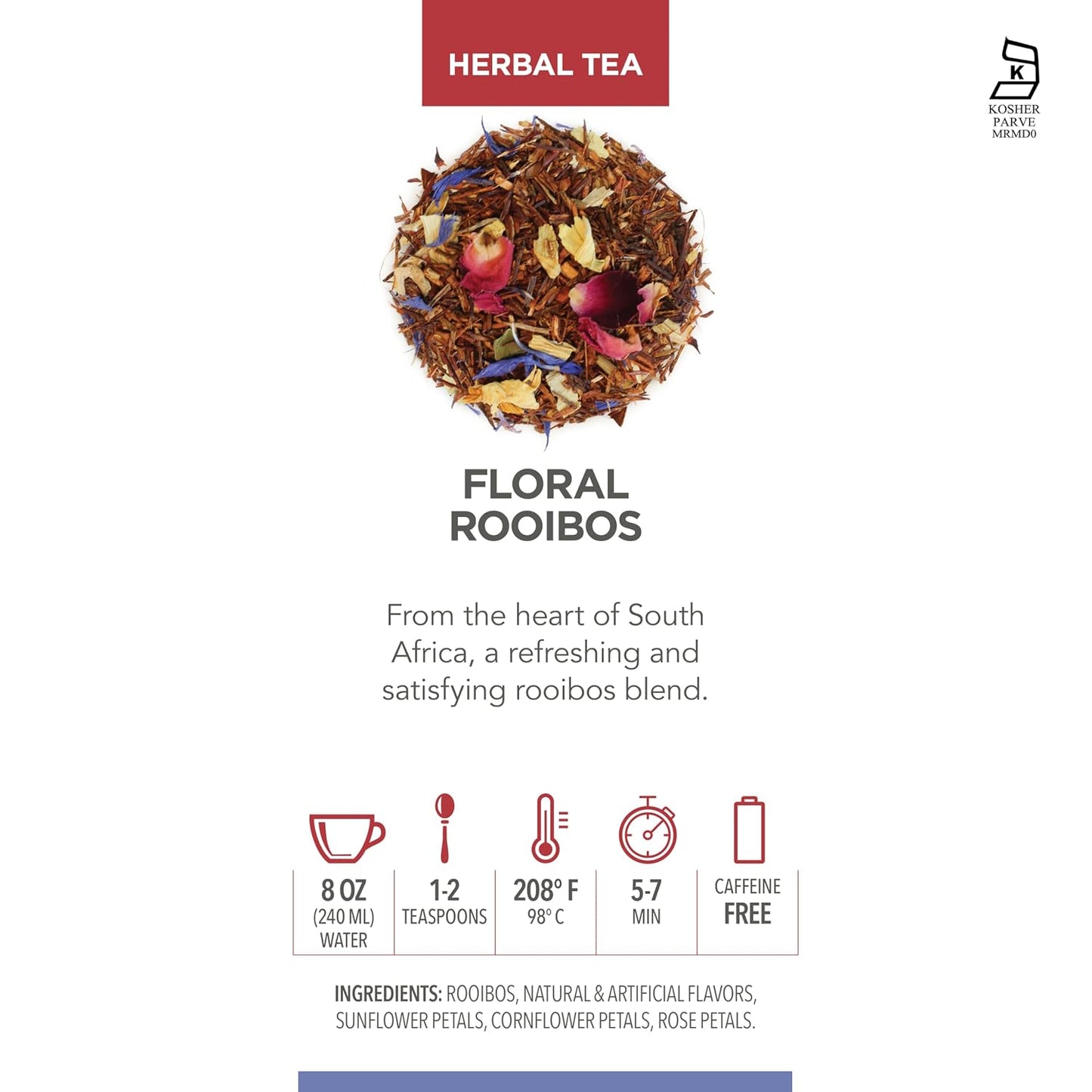 Teabloom Herbal Tea, Floral Rooibos Loose Leaf Tea, Rooibos Blend with Floral Flavors and Scent, Kosher Certified, 3.17 oz/90 g Canister Makes 35-50 Cups