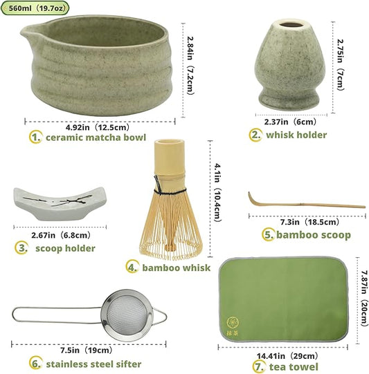 Matcha whisk Set,7 Pcs Matcha Making Kit with whisk Whisk, Ceramic Bowl, Sifter, Scoop, Holder, Stand, and Tea Towel for Ultimate Matcha Experience（Mottled Green）