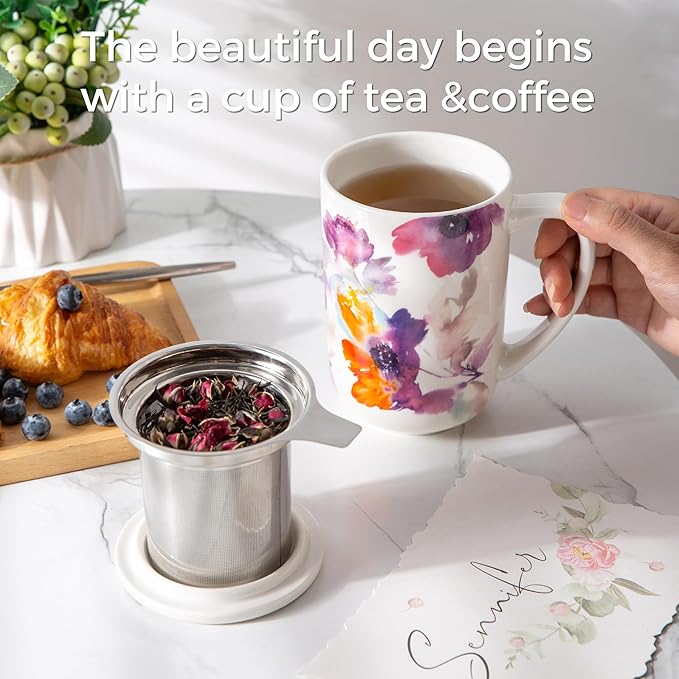 AmorArc Porcelain Tea Mug with Infuser and Lids, 18 Oz Large Cup Strainer with Bag Holder for Loose Leaf Tea