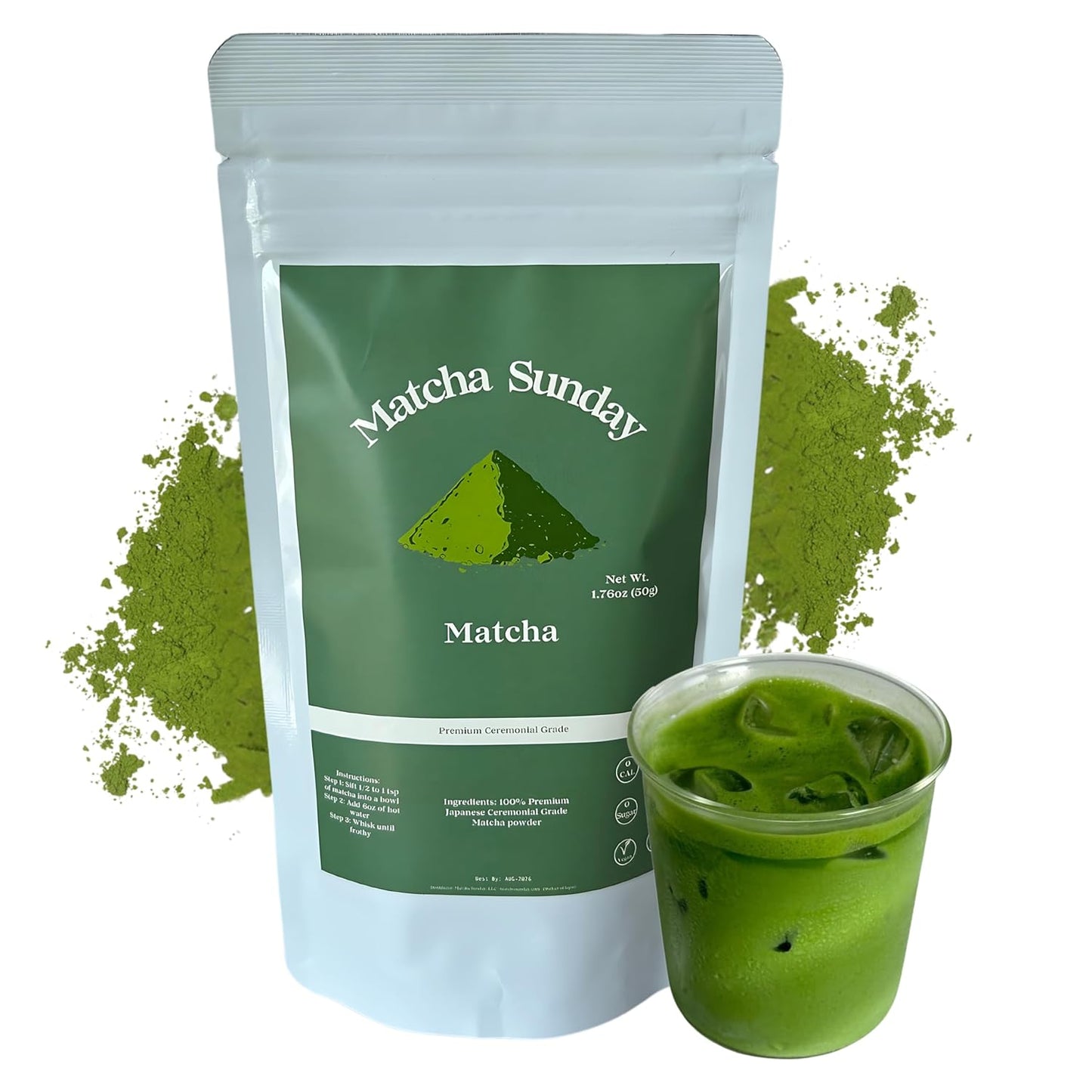 Matcha Sunday Ceremonial Grade Matcha - Kyoto, Japan - Finely Ground Green Tea Powder - Vibrant Green (50g/ 1.75oz) - Bag
