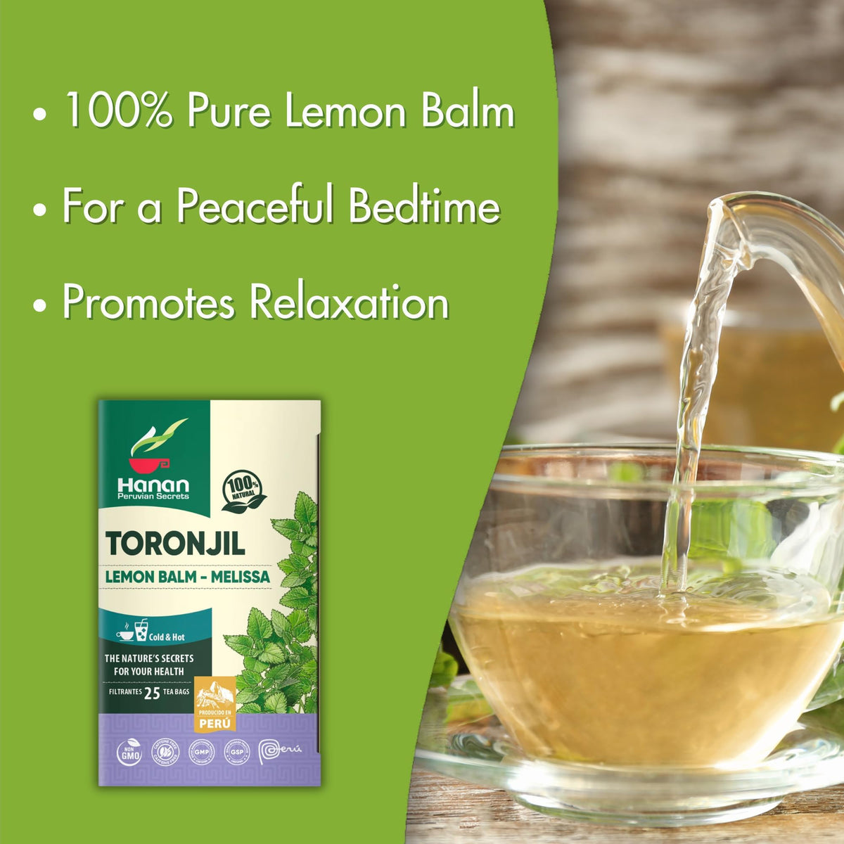 Hanan Peruvian Secrets Lemon Balm Tea (Toronjil) - 25 Teabags of Herbal Tea - Melissa Herb for Relaxing Herbal Tea - Natural