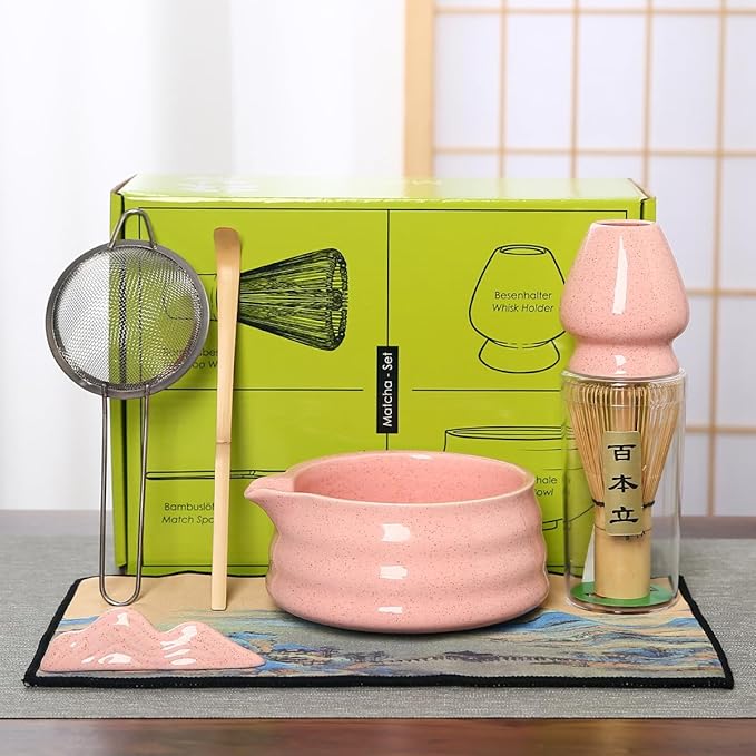 Matcha Tea Ceremony Set with Pink Ceramic Bowl, Bamboo Whisk, Strainer and Mat, 7-Piece Traditional Japanese Style
