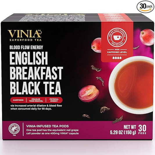 VINIA English Breakfast Black Tea K-Cup Pods, Made with Organic Tea, Infused with Piceid Resveratrol for Heart Health, Nitric Oxide, Physical Energy, Blood Flow, Keto, Kosher, NON-GMO. 30 Ct