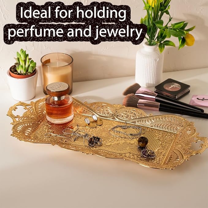 Small Gold Turkish Tea Coffee Serving Tray Table Decor Decorative Handles Rectangle