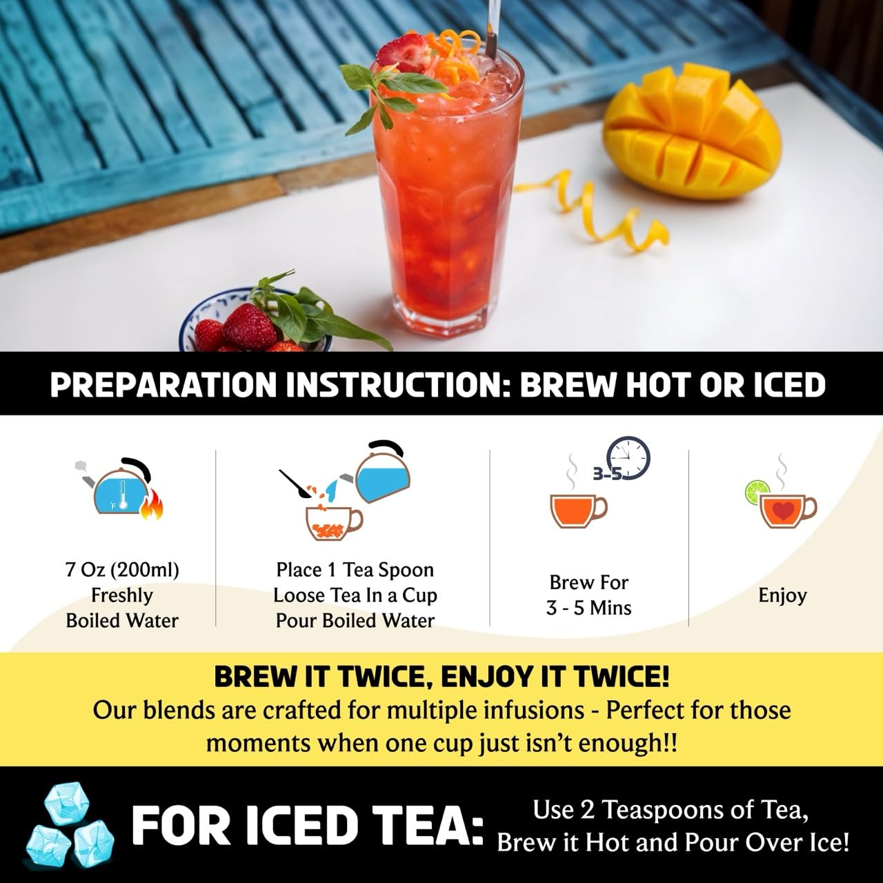 BREWIX, Mango Marvel Herbal Loose Leaf Tea (50+ Cups, 3.53oz/100g) | Caffeine-Free Fruit Tea with Hibiscus, Mango, Pineapple &amp; Strawberry | Antioxidant-Rich Tropical Tea, Hot or Iced, Resealable