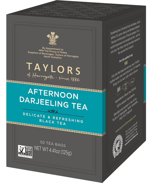 Taylors of Harrogate Afternoon Darjeeling, Black Tea, Pillow Bags 50 Count (Pack of 6), Delicate, Sweet & Floral, Caffeinated, Enjoy Hot or Iced